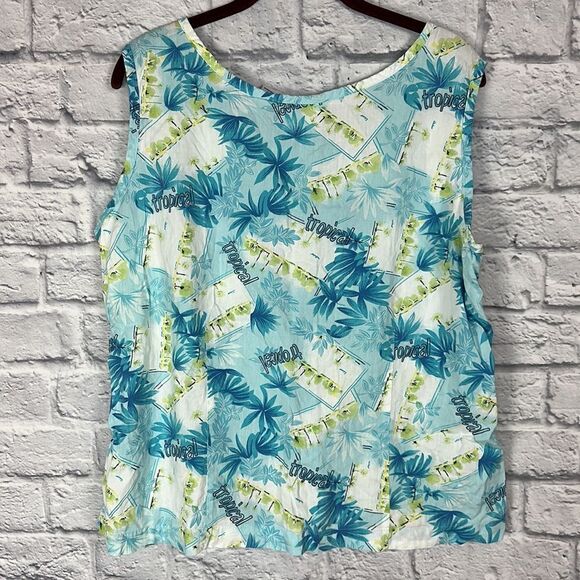 Sunbay Cottons Tropical Peasant Ruched Blue and Green Top 1X Sleeveless Tank - Picture 4 of 5